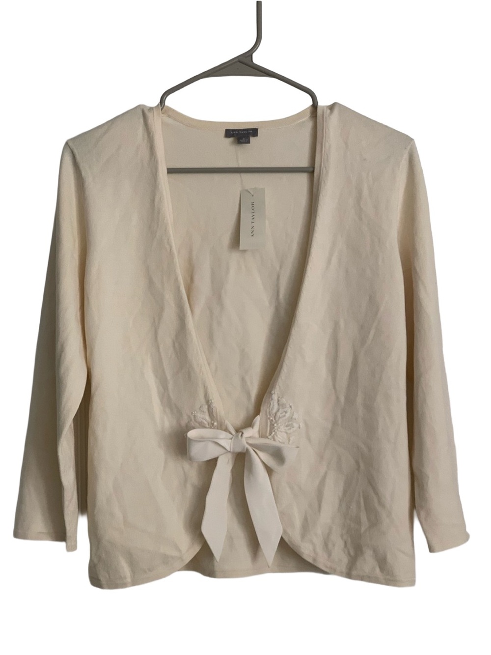 ANN TAYLOR Womens Cream 3/4 Sleeve Tie Beaded Front Jacket Cardigan Sweater